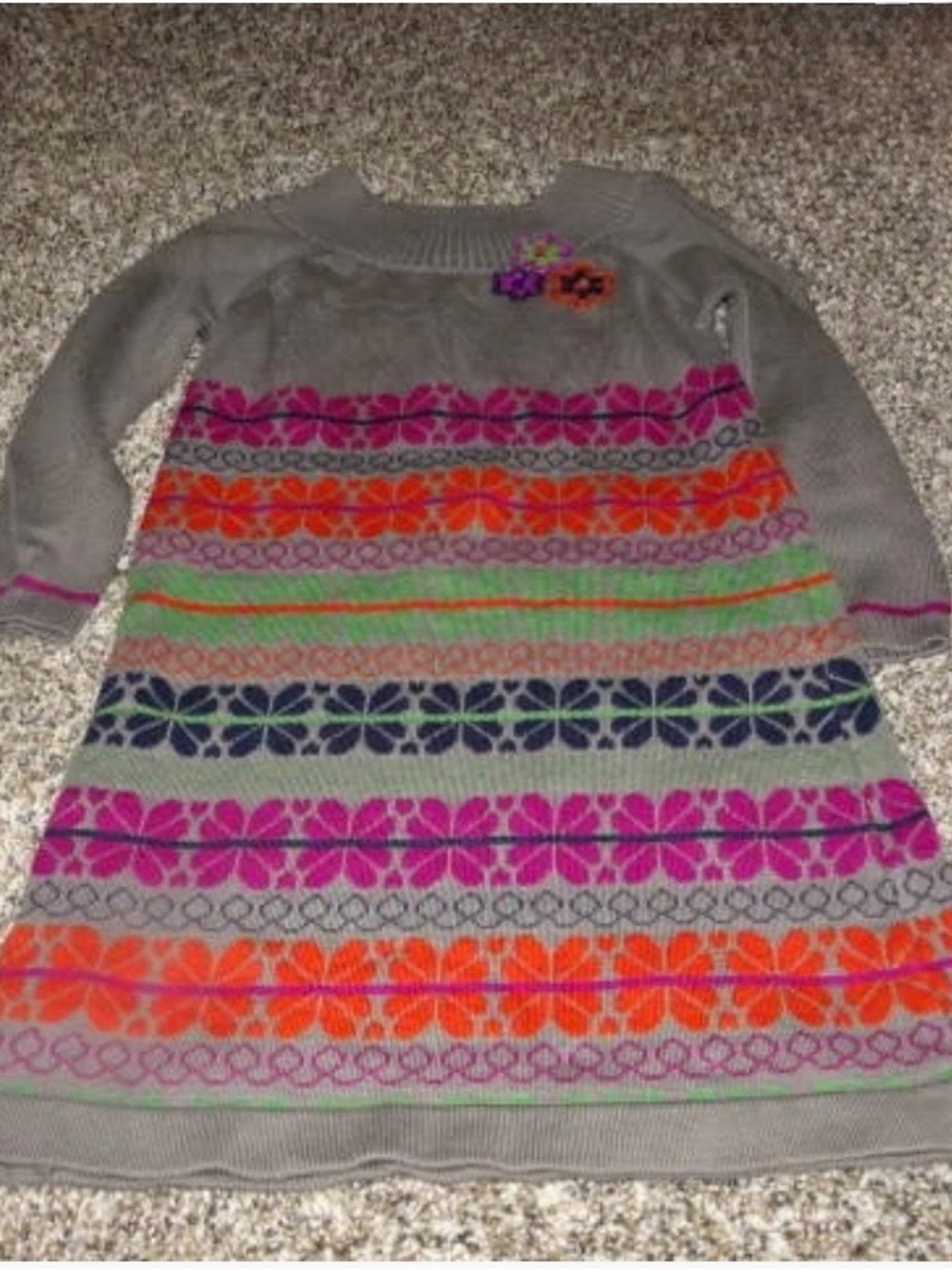 Hanna Andersson Gray Knit Dress with Pink Orange Green and Navy Floral Stripes